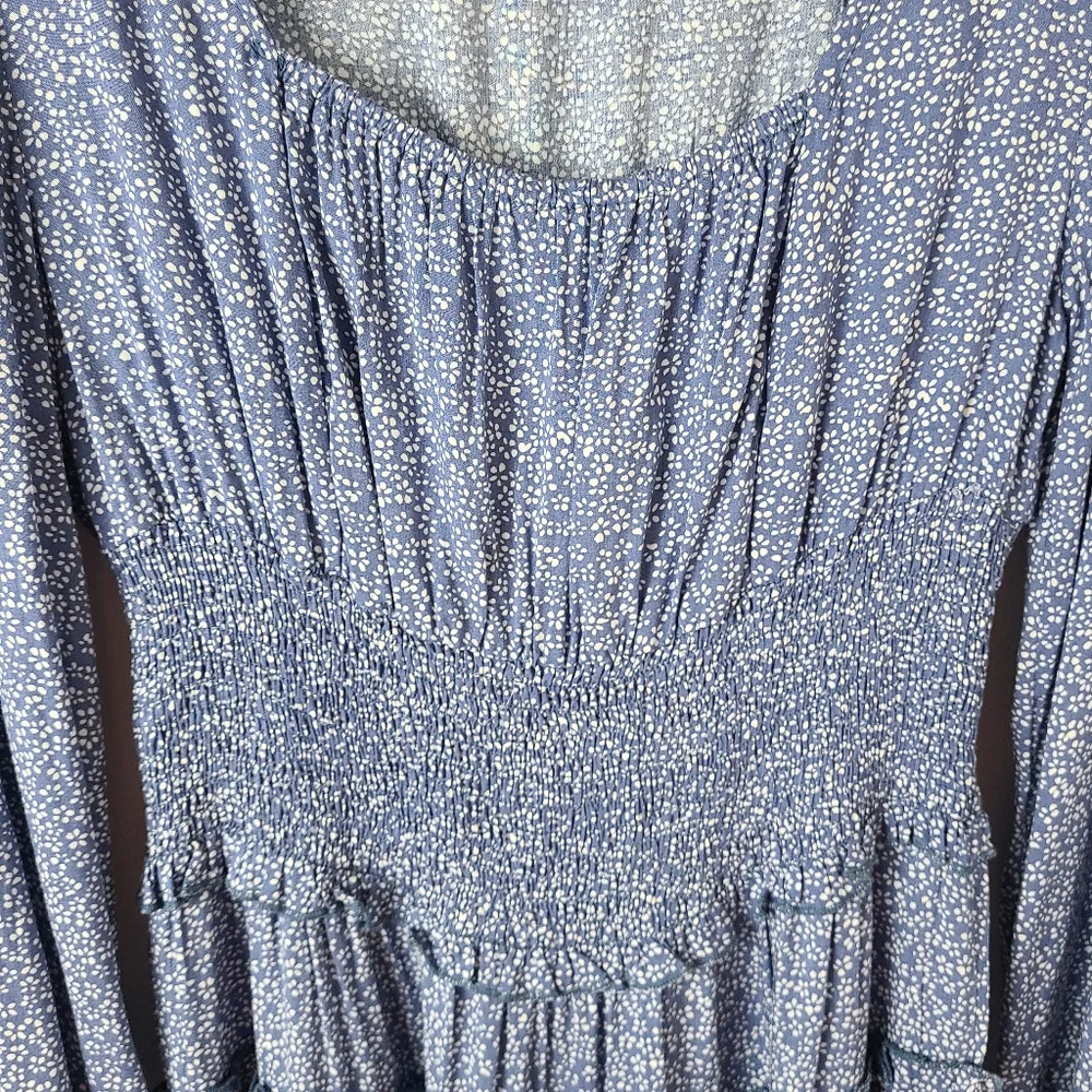 Stellah Blue White Dot Print Smocked Waist Milkmaid Long Sleeve Dress
